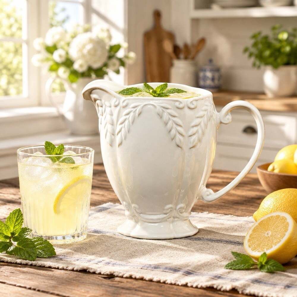 Vintage Pfaltzgraff Laurel Linen White Ceramic Large 2L Pitcher New